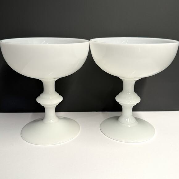 2 Portieux Vallerysthal France White Opaline Champagne Coupe Glasses Goblets VTG - Picture 2 of 6